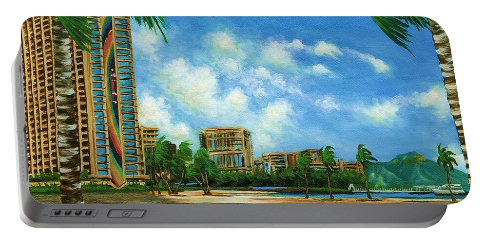 Hilton Hawaiian Village Portable Battery Charger featuring the painting Rainbow Tower by Larry Geyrozaga