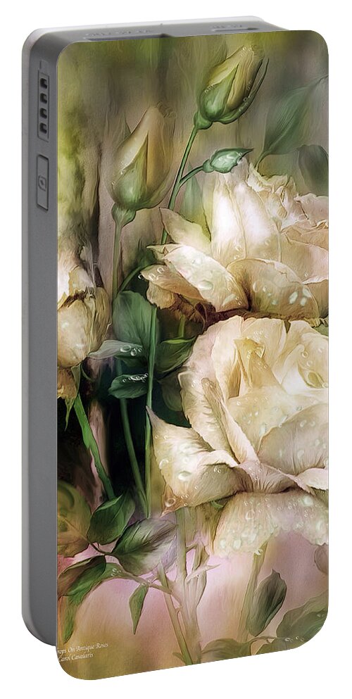 Rose Portable Battery Charger featuring the mixed media Raindrops On Antique White Roses by Carol Cavalaris