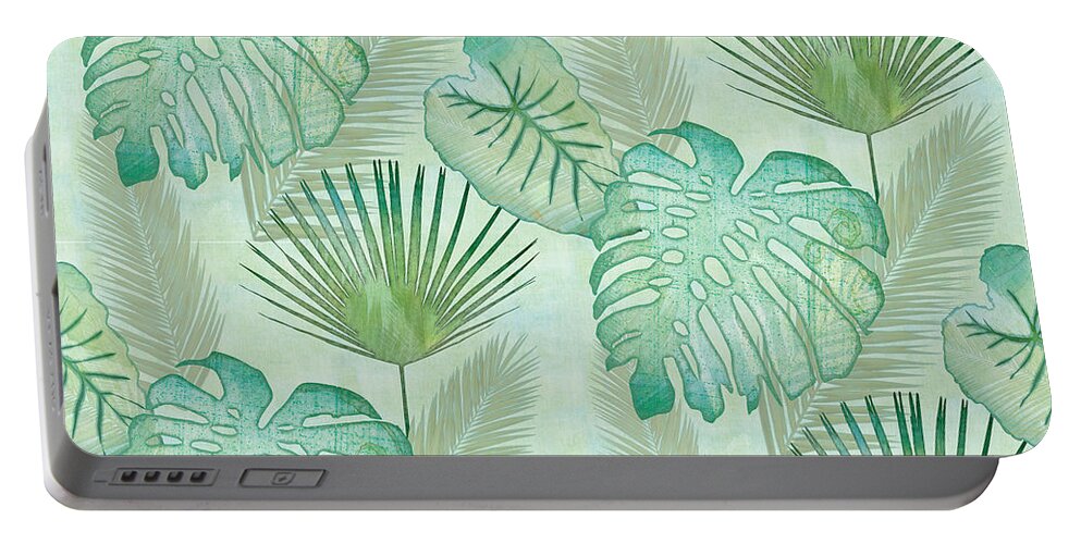 Rain Portable Battery Charger featuring the painting Rainforest Tropical - Elephant Ear and Fan Palm Leaves Repeat Pattern by Audrey Jeanne Roberts