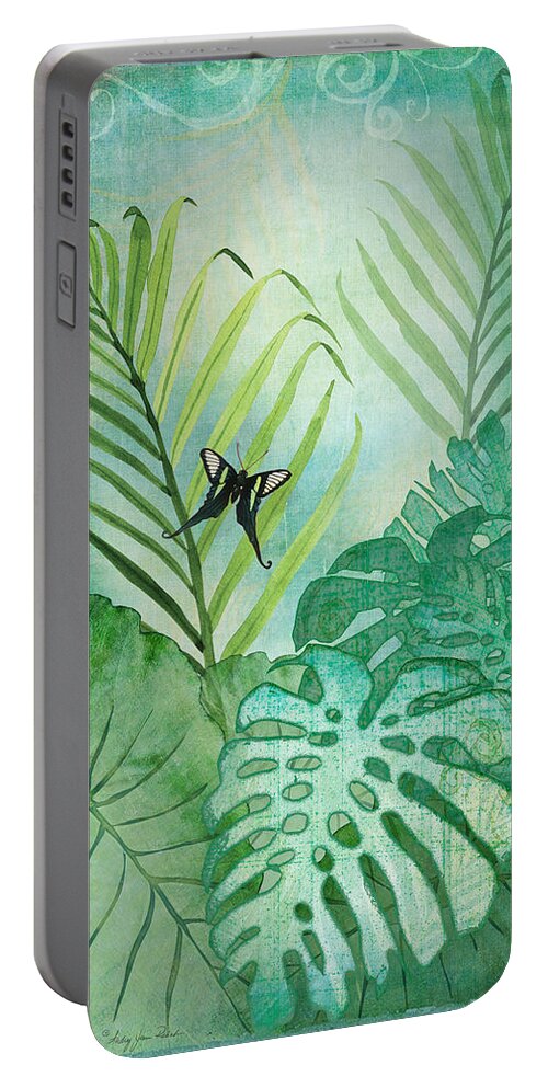 Jungle Portable Battery Charger featuring the painting Rainforest Tropical - Philodendron Elephant Ear and Palm Leaves w Botanical Butterfly by Audrey Jeanne Roberts