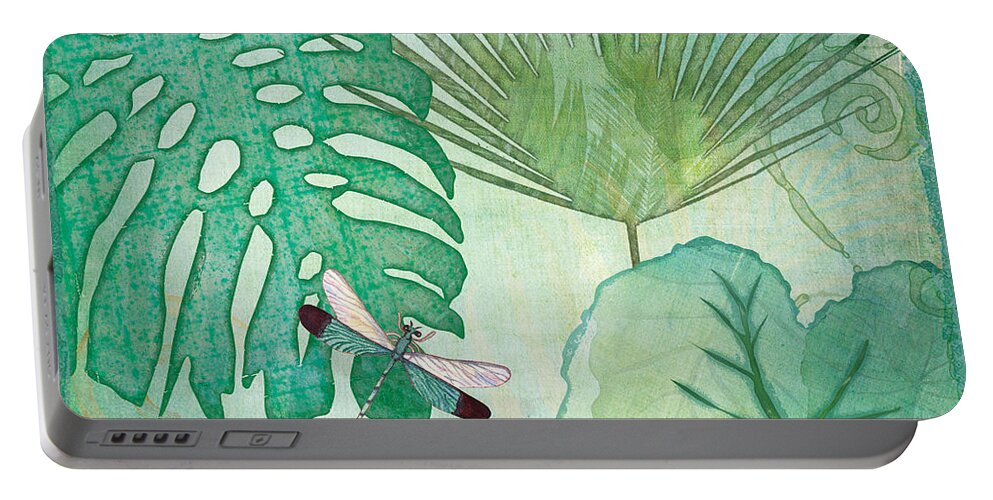 Jungle Portable Battery Charger featuring the painting Rainforest Tropical - Philodendron Elephant Ear and Palm Leaves w Botanical Dragonfly 2 by Audrey Jeanne Roberts