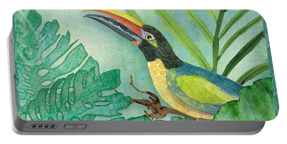 Square Format Portable Battery Charger featuring the painting Rainforest Tropical - Jungle Toucan w Philodendron Elephant Ear and Palm Leaves 2 by Audrey Jeanne Roberts