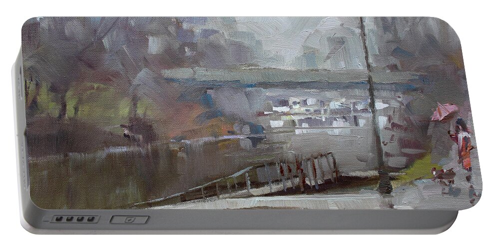Raining Portable Battery Charger featuring the painting Raining in Tonawanda Canal by Ylli Haruni