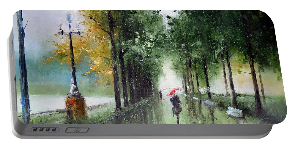Russian Artists New Wave Portable Battery Charger featuring the painting Rainy Autumn by Igor Medvedev
