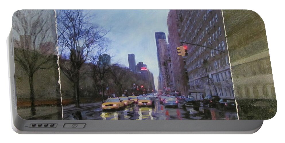 New York Portable Battery Charger featuring the mixed media Rainy City Street layered by Anita Burgermeister
