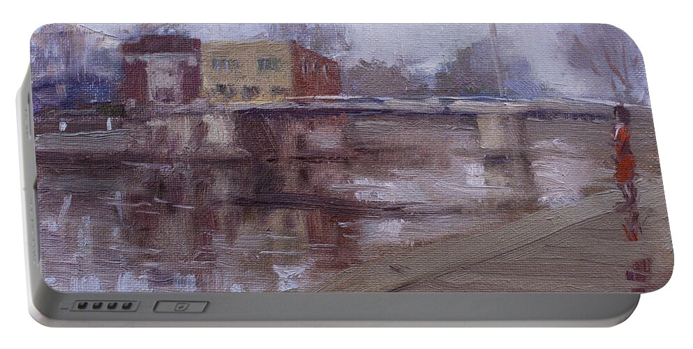 Rainy Day Portable Battery Charger featuring the painting Rainy Day at Tonawanda Canal by Ylli Haruni