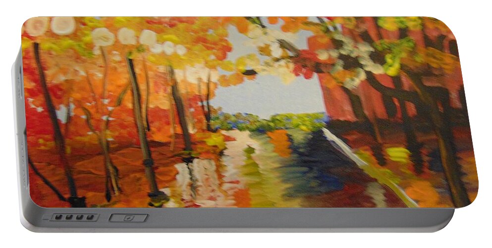 Impressionist Portable Battery Charger featuring the painting Rainy Fall Night by Saundra Johnson
