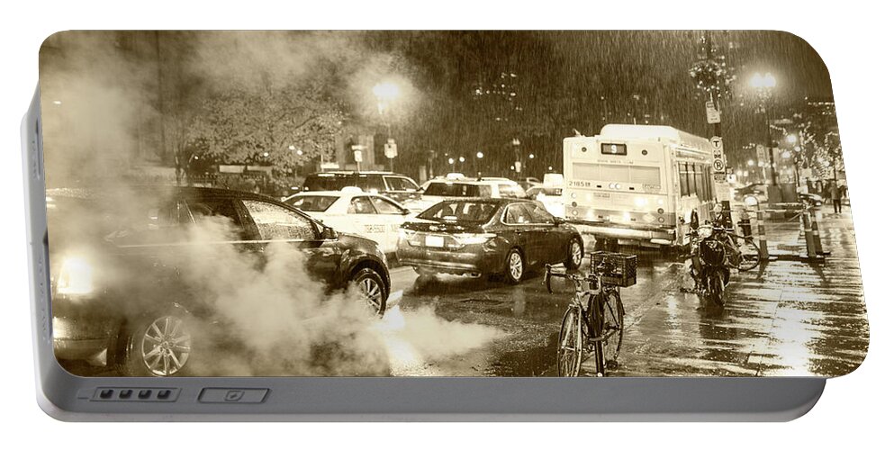 Boston Portable Battery Charger featuring the photograph Rainy Night in Boston MA Steamy Street Sepia by Toby McGuire