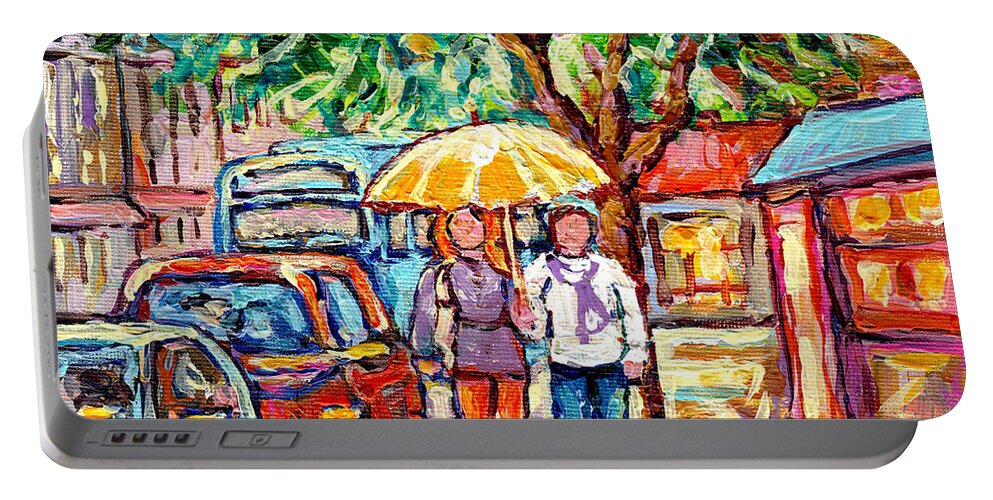 Montreal Portable Battery Charger featuring the painting Rainy Verdun Streets Painting Yellow Umbrella Walking By Shops Canadian Artist Carole Spandau Quebec by Carole Spandau
