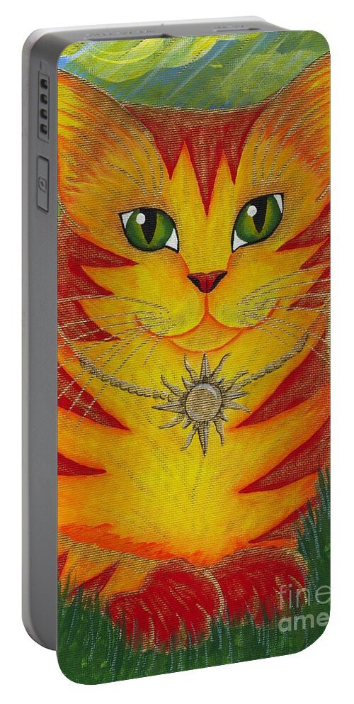 Rajah Portable Battery Charger featuring the painting Rajah Golden Sun Cat by Carrie Hawks