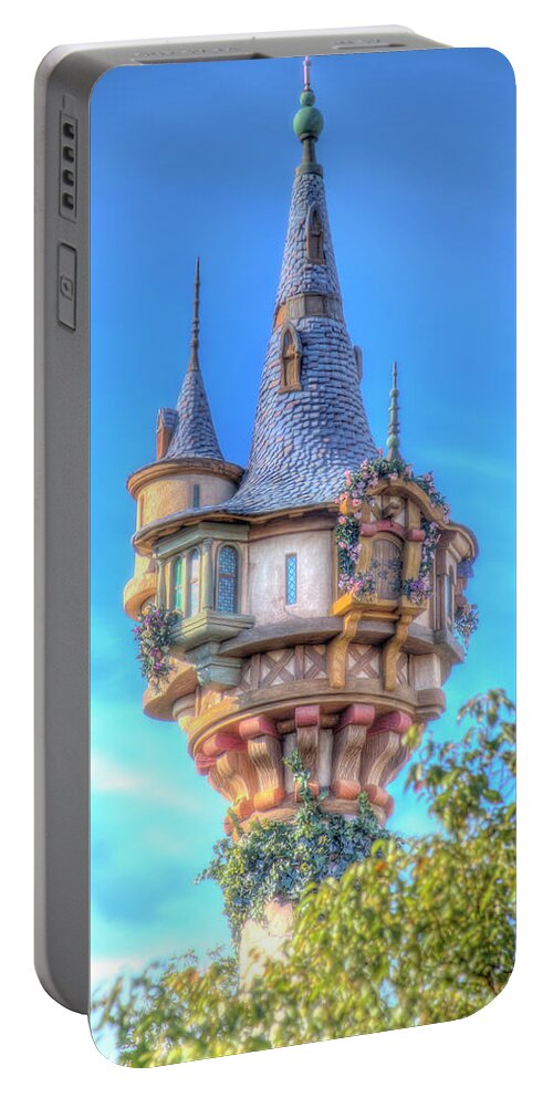 Magic Kingdom Portable Battery Charger featuring the photograph Rapunzel Castle Tower by Mark Andrew Thomas