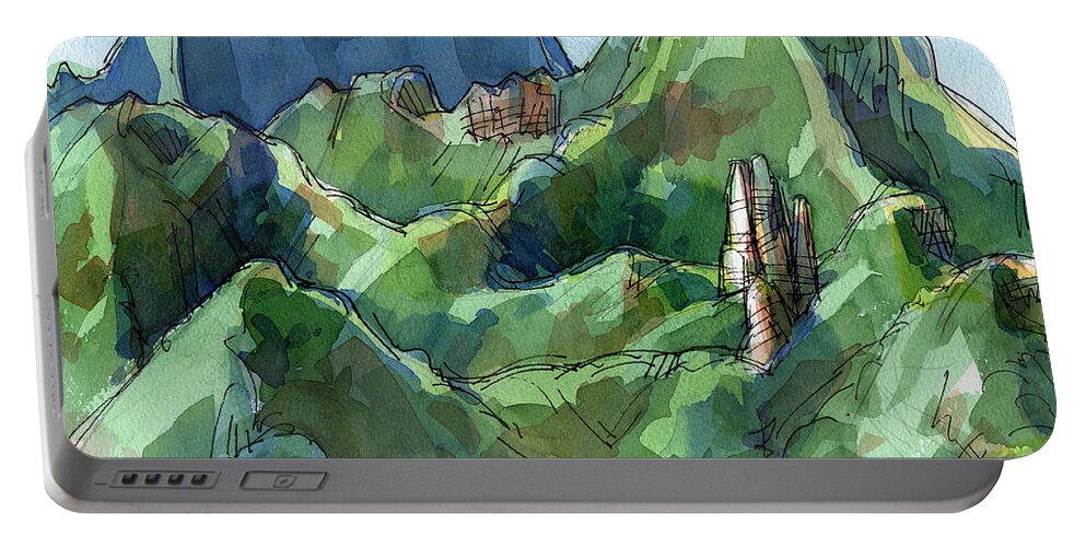 Rarotonga Portable Battery Charger featuring the painting Rarotonga, Raemaru mountain view by Judith Kunzle