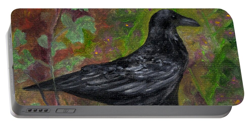 Birds Portable Battery Charger featuring the painting Raven in Columbine by FT McKinstry