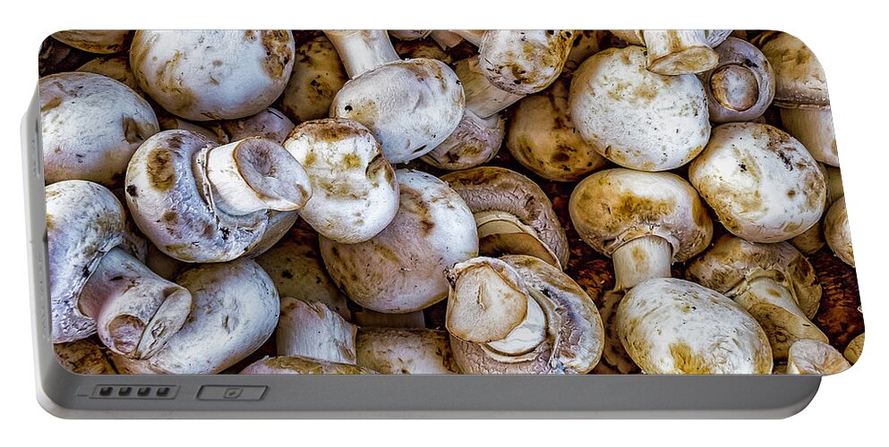 Black Portable Battery Charger featuring the photograph Raw Mushrooms by Nick Zelinsky Jr