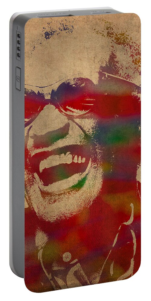 Ray Charles Portable Battery Charger featuring the mixed media Ray Charles Watercolor Portrait on Worn Distressed Canvas by Design Turnpike