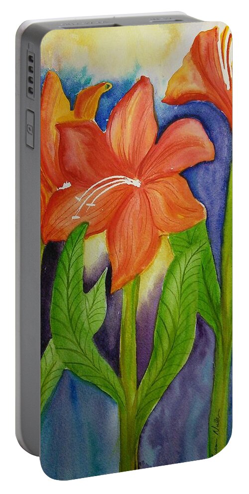 Orange Floral Portable Battery Charger featuring the painting Reaching for the sun by Susan Nielsen