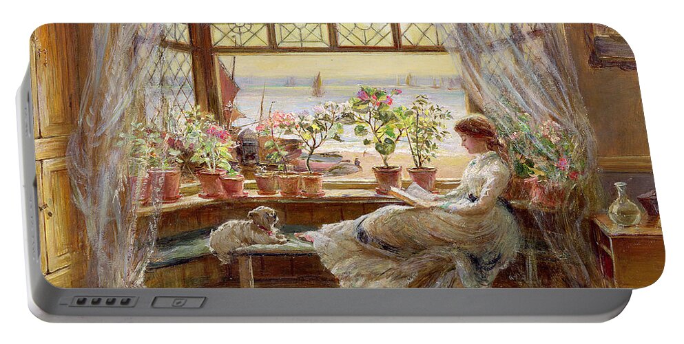 Dog Portable Battery Charger featuring the painting Reading by the Window by Charles James Lewis