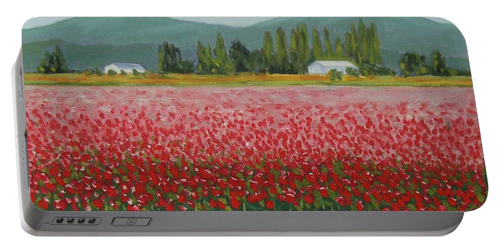 Landscape Portable Battery Charger featuring the painting Red and White Tulips by Stan Chraminski
