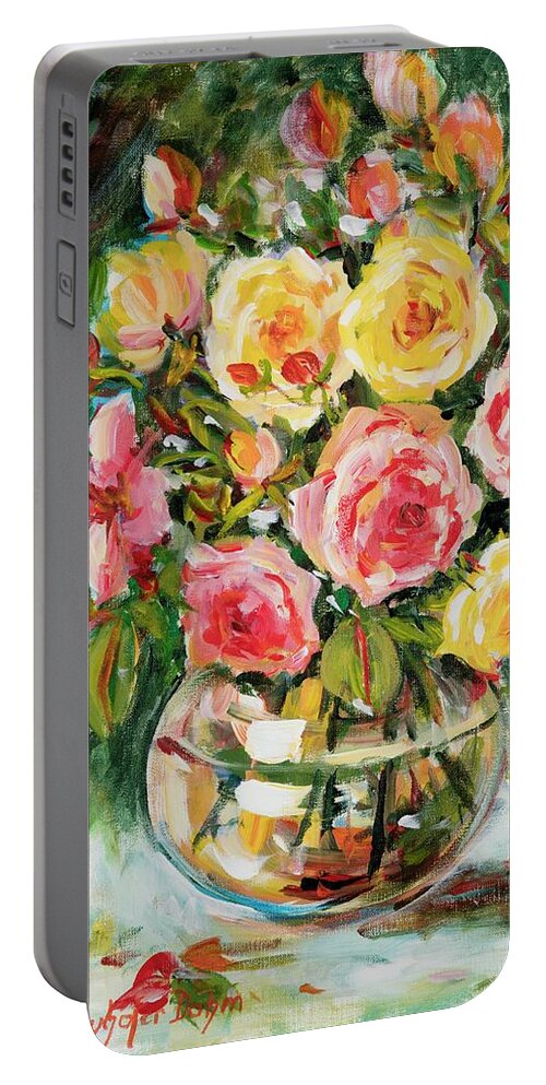 Flowers Portable Battery Charger featuring the painting Red and Yellow Roses by Ingrid Dohm