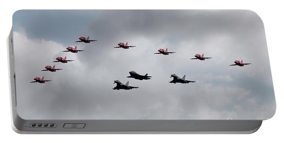 Red Arrows With F35 And Typhoons Portable Battery Charger featuring the digital art Red Arrows F35 and Typhoons by Airpower Art