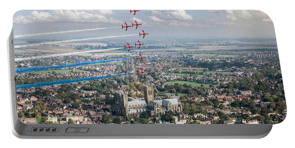 Red Arrows Portable Battery Charger featuring the digital art Red Arrows over Lincoln smoke on by Gary Eason