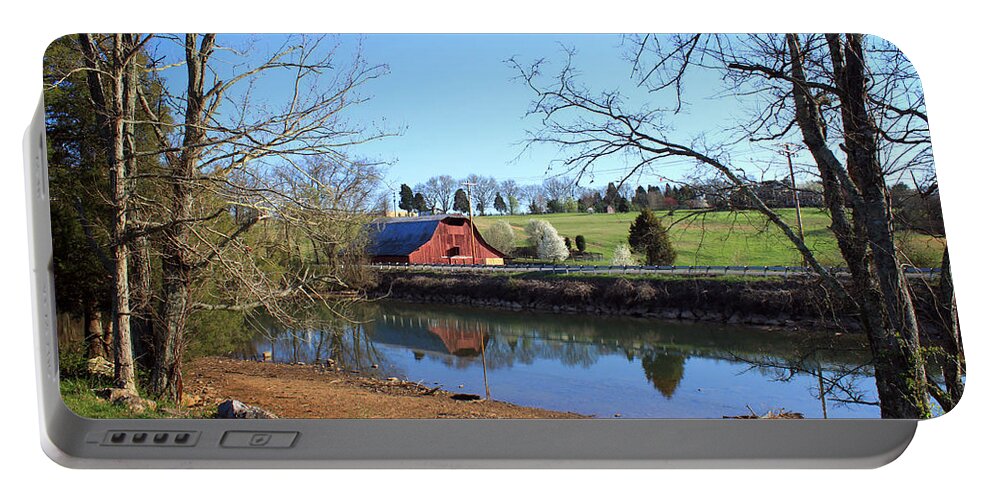 Landscape Portable Battery Charger featuring the photograph Red Barn and Pond by Todd Blanchard