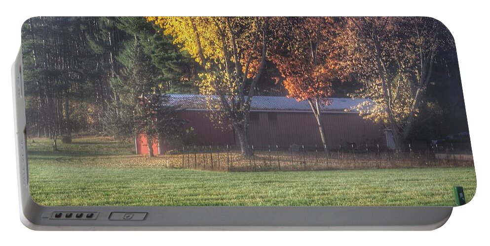 Barn Portable Battery Charger featuring the photograph 0041 - Red Barn on a Foggy Fall Morning by Sheryl L Sutter