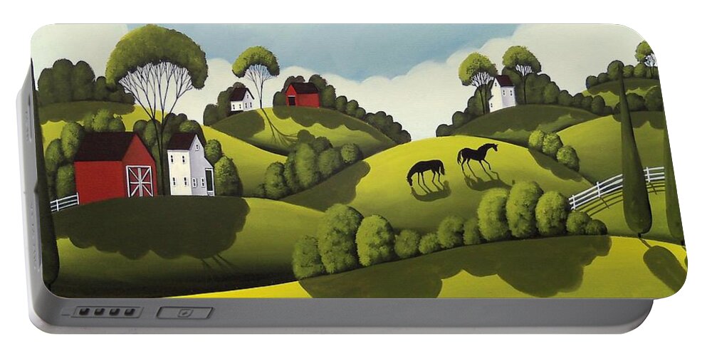 Barn Portable Battery Charger featuring the painting Red Barns - country landscape by Debbie Criswell
