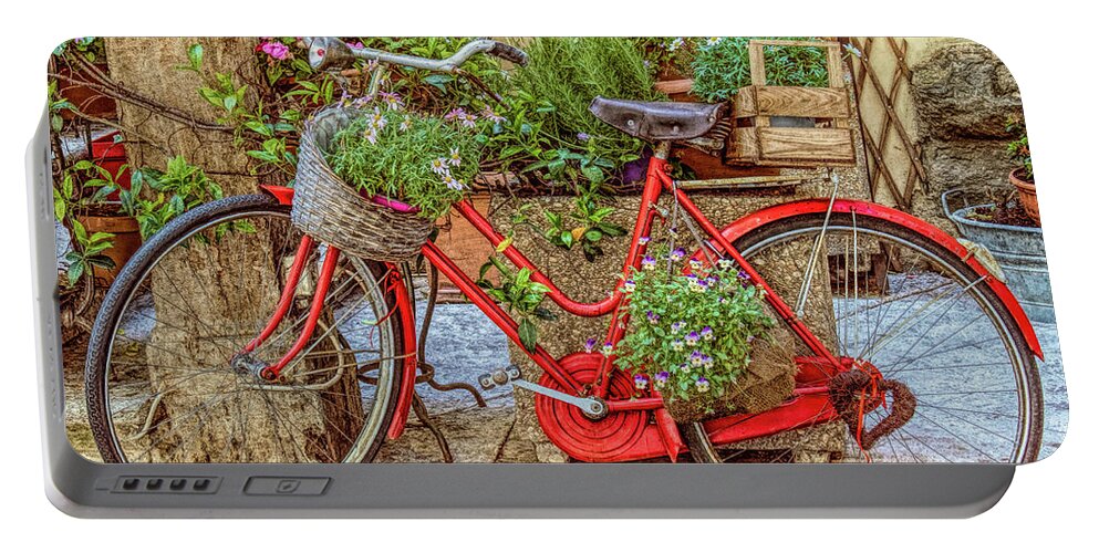 Cortona Portable Battery Charger featuring the photograph Red Bike Planter by Georgette Grossman