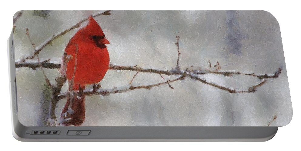 Bird Portable Battery Charger featuring the painting Red Bird of Winter by Jeffrey Kolker