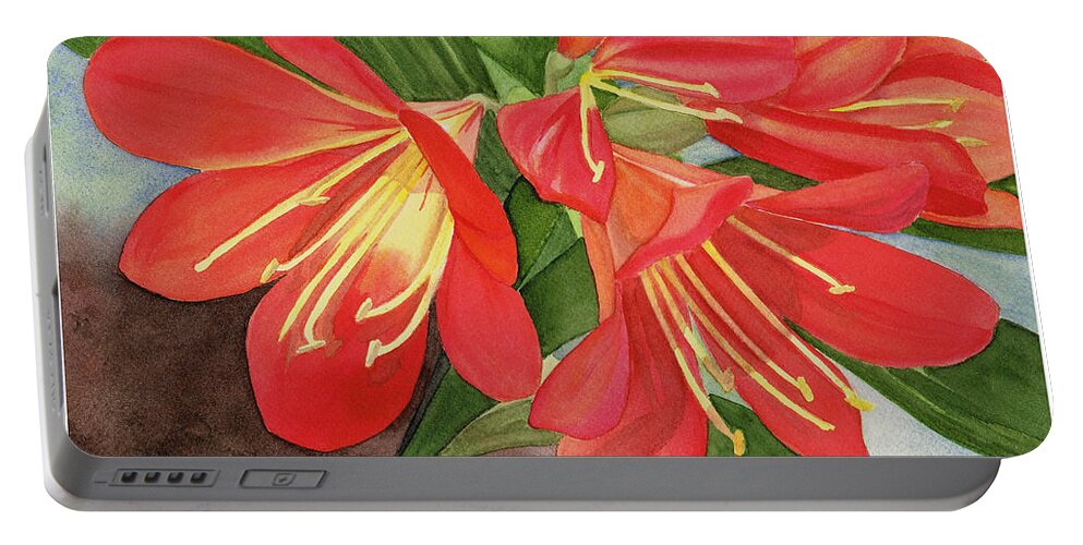 Hao Aiken Portable Battery Charger featuring the painting Red Clivias - Watercolor by Hao Aiken