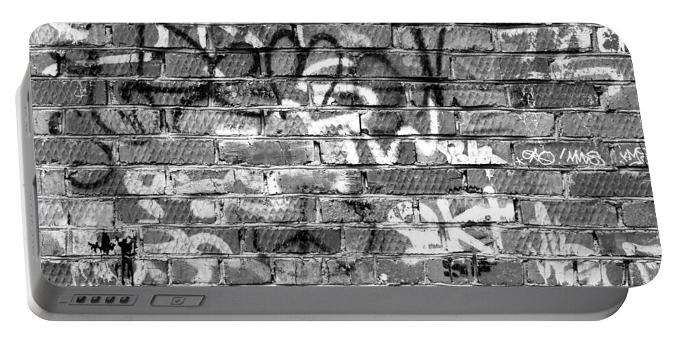 Brick Wall Graffiti Portable Battery Charger featuring the photograph Red Construction Brick Wall and Spray Can Art Signatures by John Williams