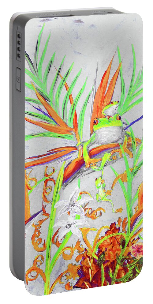 Tree Portable Battery Charger featuring the painting Red Eyed Tree Frogs On Birds Of Paradise Tropical Flowers White by Ken Figurski
