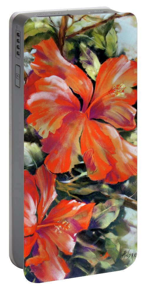 Flower Portable Battery Charger featuring the painting Red Fire Hibiscus by Rae Andrews