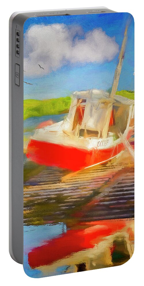 Red Portable Battery Charger featuring the digital art Red Fishing Boat by Ken Morris