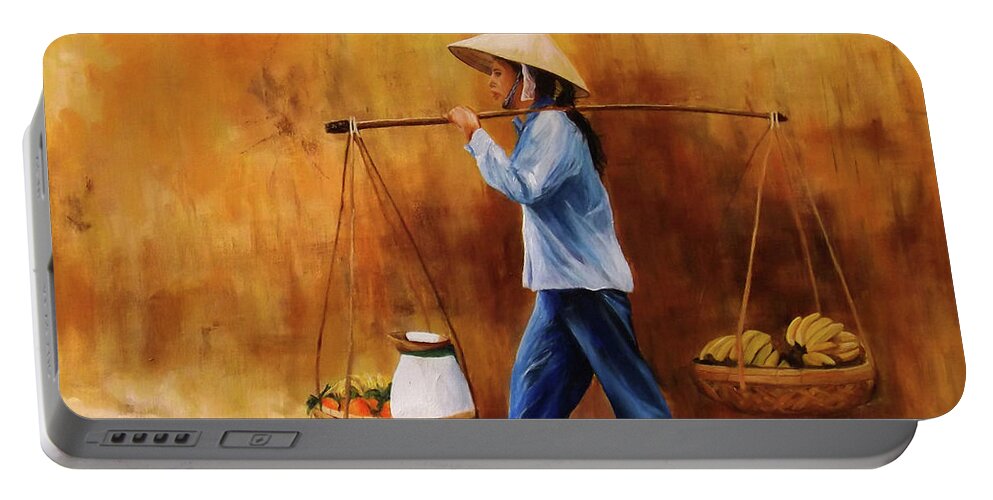 Vietnam Portable Battery Charger featuring the painting Red Flip Flops by Barry BLAKE