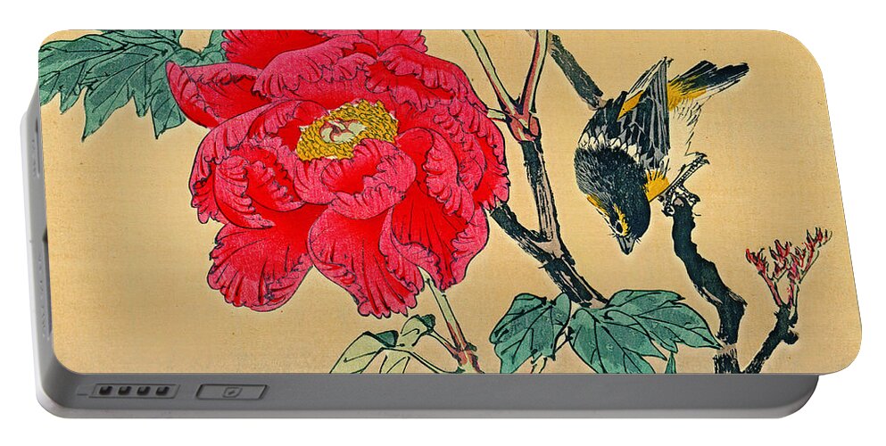 Red Flower 1870 Portable Battery Charger featuring the photograph Red Flower with Bird 1870 by Padre Art