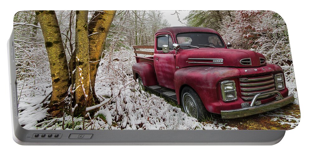 Truck Portable Battery Charger featuring the photograph Red Ford Truck in the Snow by Debra and Dave Vanderlaan