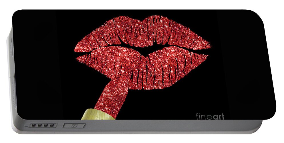 Ruby Lips Portable Battery Charger featuring the painting Red Kiss, faux glitter lipstick on pouty lips, fashion art by Tina Lavoie