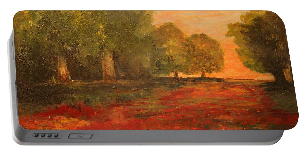Landscape Portable Battery Charger featuring the painting Red Glow in the Meadow by Julie Lueders 