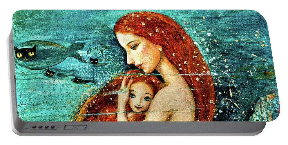 Mermaid Art Portable Battery Charger featuring the painting Red Hair Mermaid Mother and Child by Shijun Munns