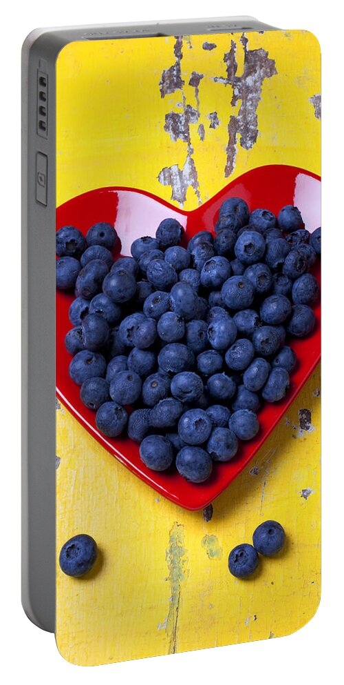 Red Heart Shaped Plate Portable Battery Charger featuring the photograph Red heart plate with blueberries by Garry Gay