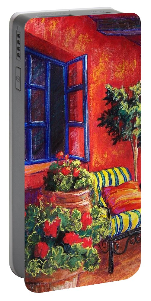 Patio Portable Battery Charger featuring the pastel Red Patio by Candy Mayer