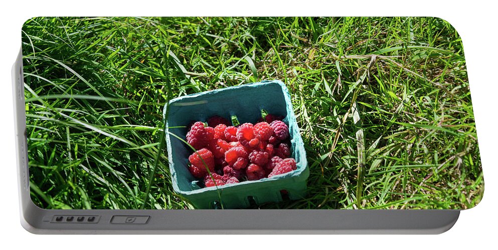 Red Raspberries And Green Grass Portable Battery Charger featuring the photograph Red Raspberries and Green Grass by Tom Cochran