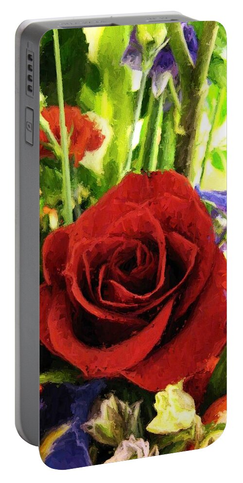 Floral Portable Battery Charger featuring the digital art Red Rose and Flowers by Charmaine Zoe