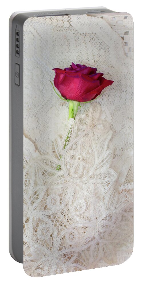 Red Portable Battery Charger featuring the photograph Red Rose on Lace by Susan Gary