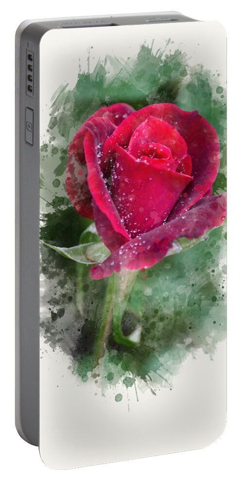 Red Rose Portable Battery Charger featuring the mixed media Red Rose Watercolor Art by Christina Rollo