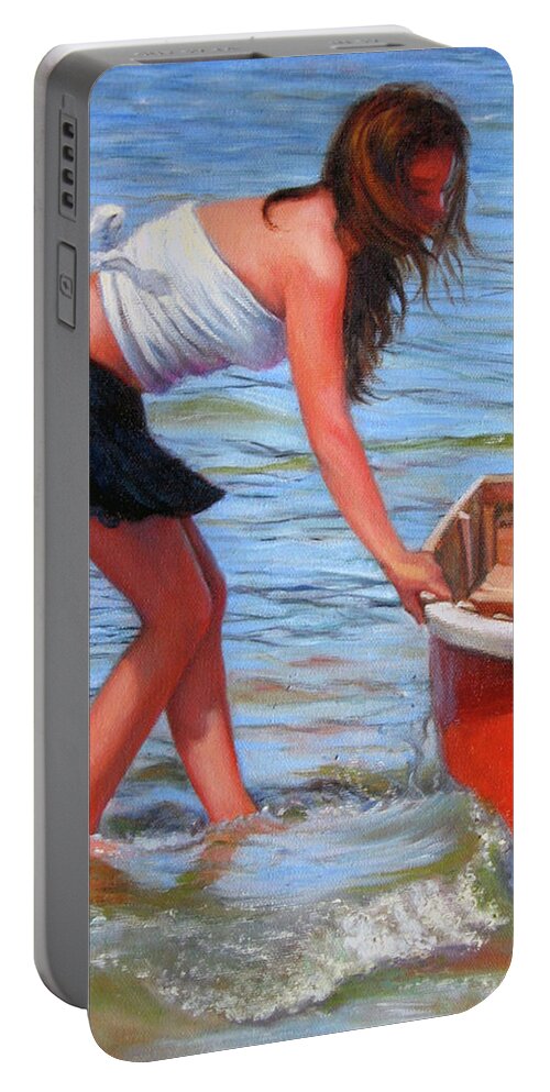 Girl At Shore Portable Battery Charger featuring the painting Red Rowboat by Marie Witte