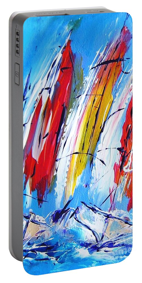 Sails Portable Battery Charger featuring the painting Art prints of red sails on blue by Mary Cahalan Lee - aka PIXI