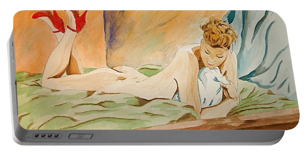 Nude Portable Battery Charger featuring the painting Red Shoes by Herschel Fall